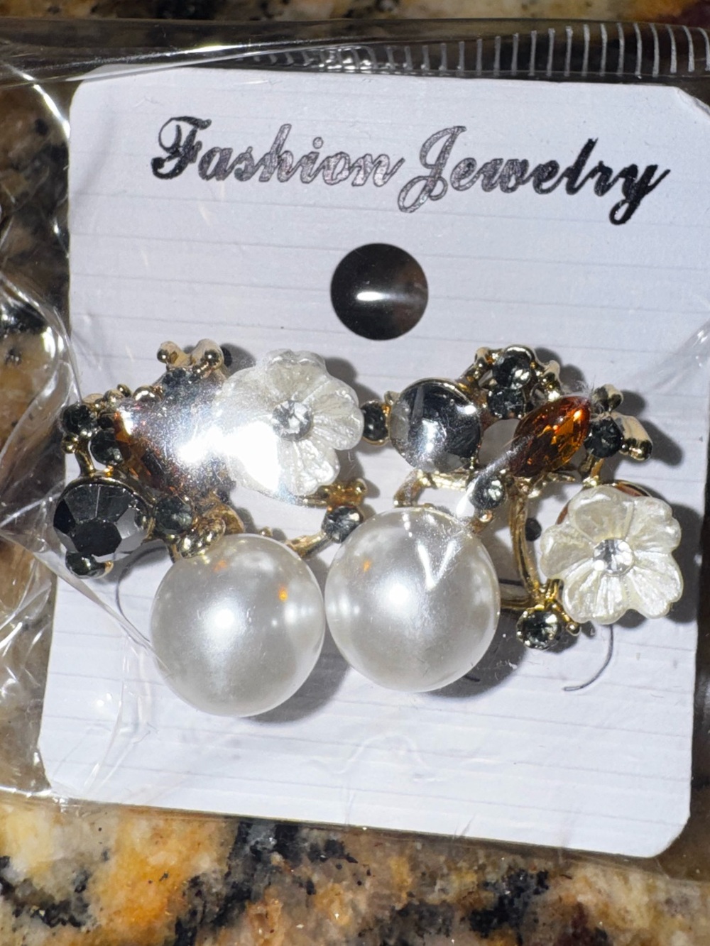 Fashion Jewelry Gold Pearl & Crystal Floral Clip-On Earrings - White